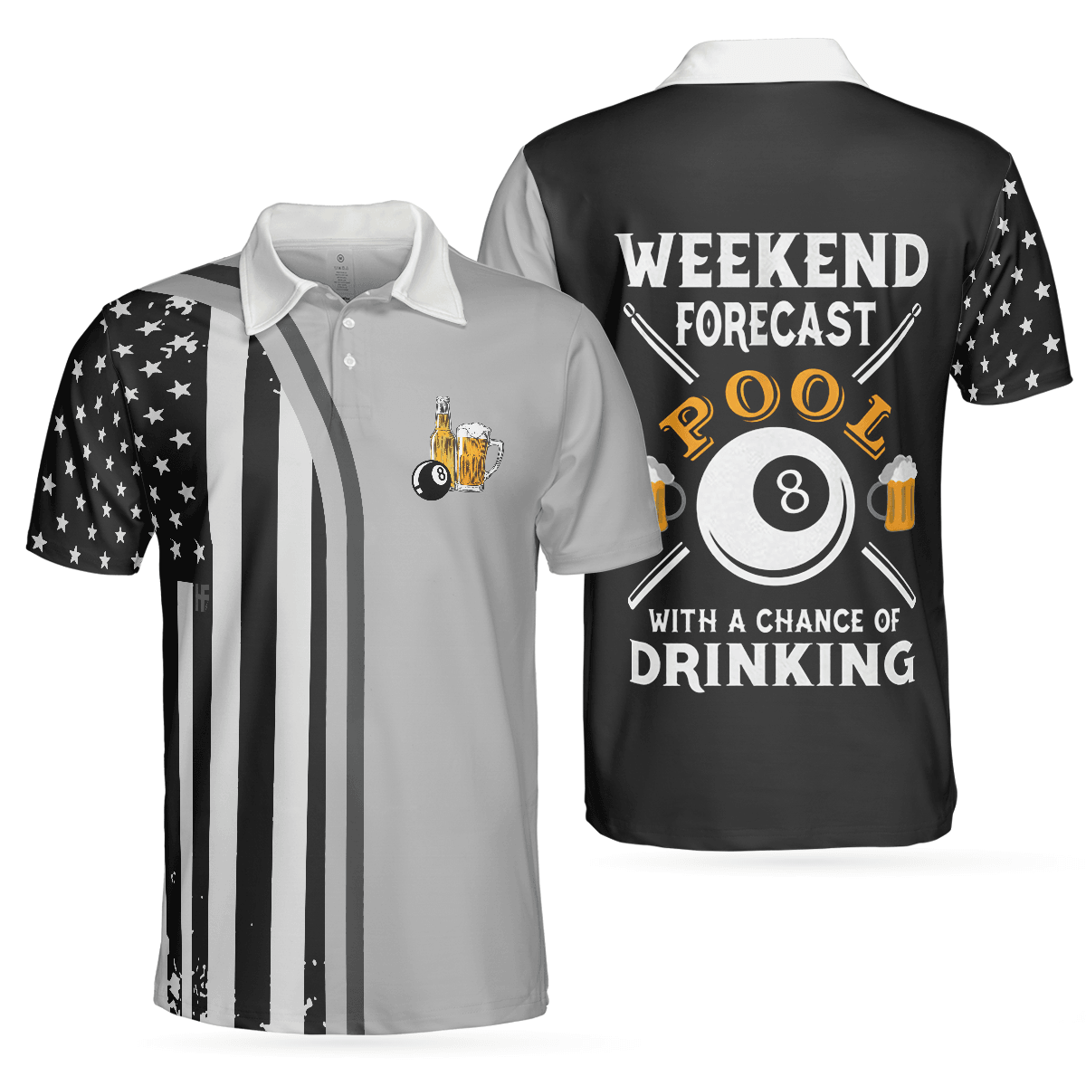 Men Billiard Polo Shirt - Weekend Forecast Pool Player Billiards Polo Shirt, American Flag Pattern Billiard Polo Shirt - Perfect Gift For Men - Amzanimalsgift