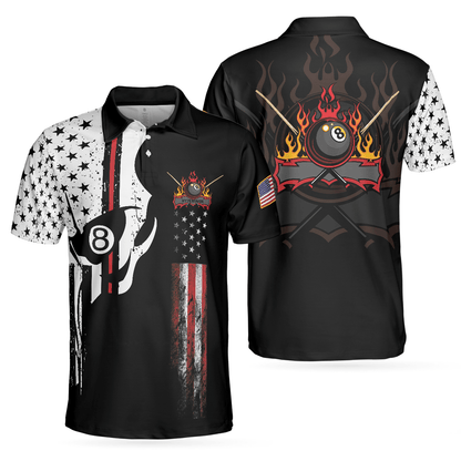Men Billiards Polo Shirt - Skull Billiards Pool Polo Shirt, Black And White American Flag Polo Shirt, Patriotic Billiards Shirt For Men, Billiard Lovers - Amzanimalsgift