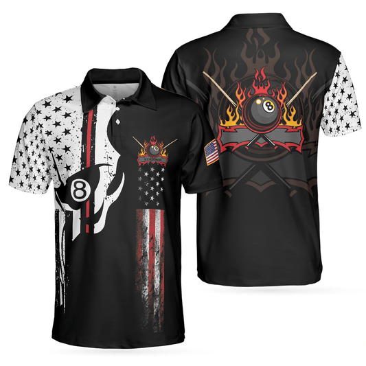 Men Billiards Polo Shirt - Skull Billiards Pool Polo Shirt, Black And White American Flag Polo Shirt, Patriotic Billiards Shirt For Men, Billiard Lovers - Amzanimalsgift
