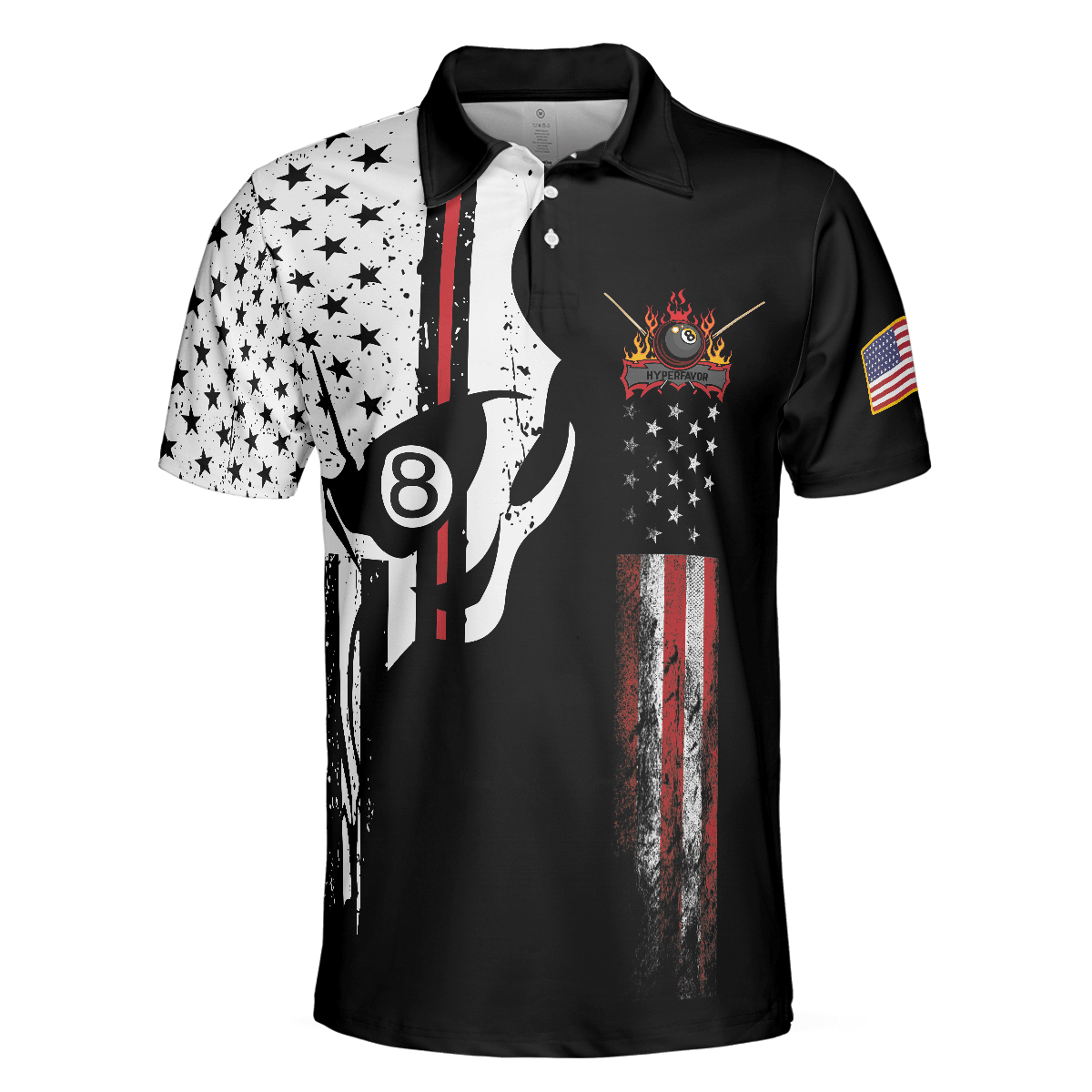 Men Billiards Polo Shirt - Skull Billiards Pool Polo Shirt, Black And White American Flag Polo Shirt, Patriotic Billiards Shirt For Men, Billiard Lovers - Amzanimalsgift