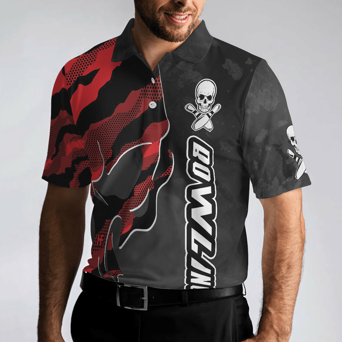 Men Bowling Polo Shirt, Coolest Skull Bowling With Camouflage Pattern - Perfect Gift For Men, Bowling Player - Amzanimalsgift