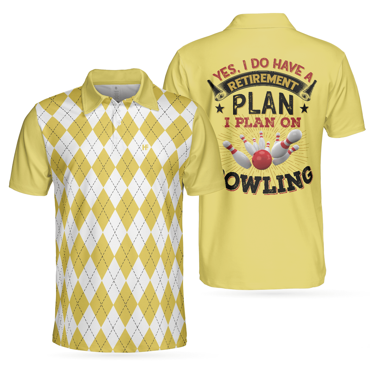 Men Bowling Polo Shirt - Yes I Do Have A Retirement Plan I Plan On Bowling Polo Shirt, Yellow Argyle Pattern Shirt, Gift For Bowlers - Perfect Gift For Men - Amzanimalsgift