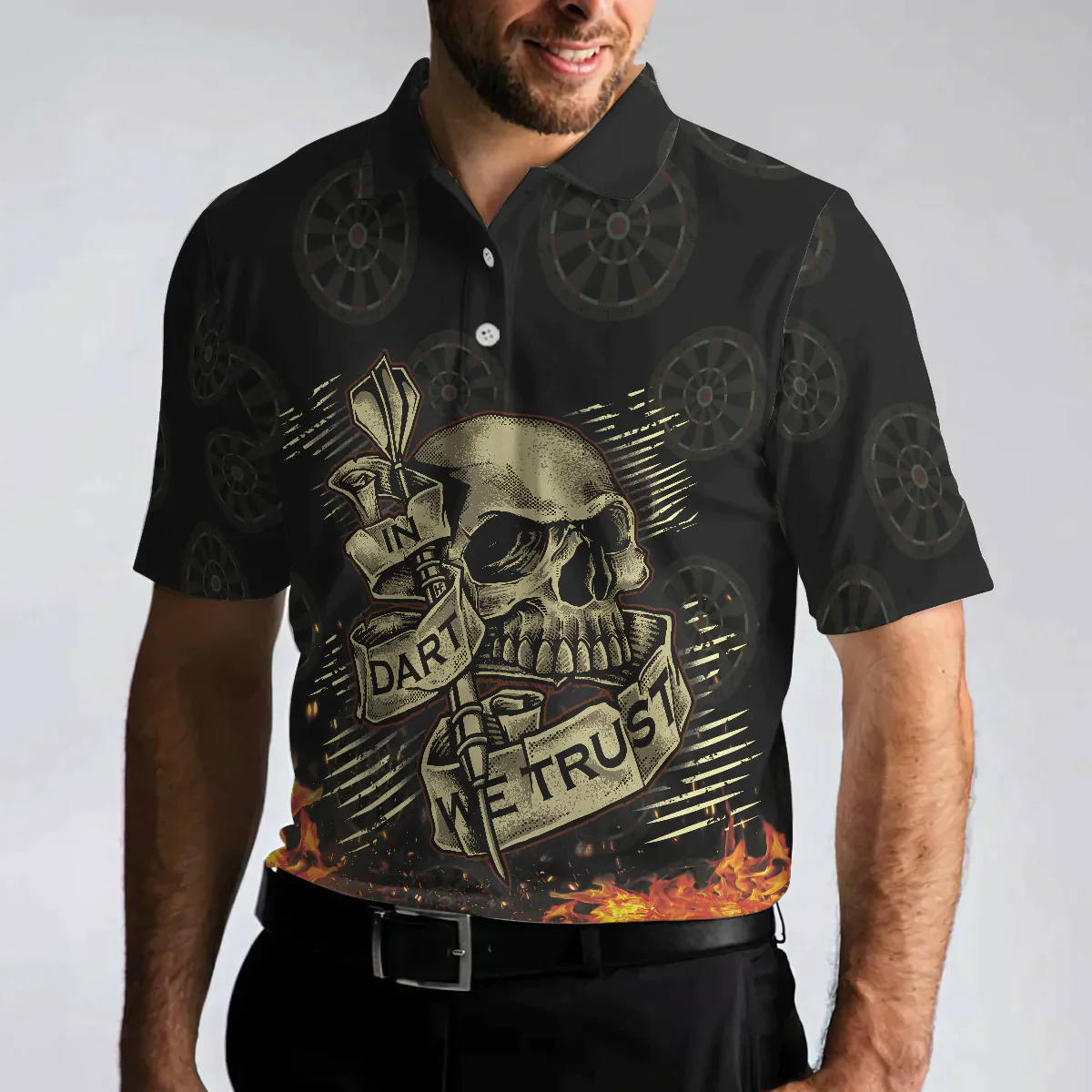 Men Dart Polo Shirt - Fire Play Hard Skull Men Polo Shirt, In Dart We Trust Short Sleeve Polo Shirt, Cool Dart Shirt For Men - Amzanimalsgift