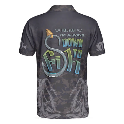 Men Fishing Polo Shirt - Black Skull Fishing Men Polo Shirt, I'm Always DTF Down To Fish Fishing Polo Shirt, Best Fishing Shirt For Men - Amzanimalsgift