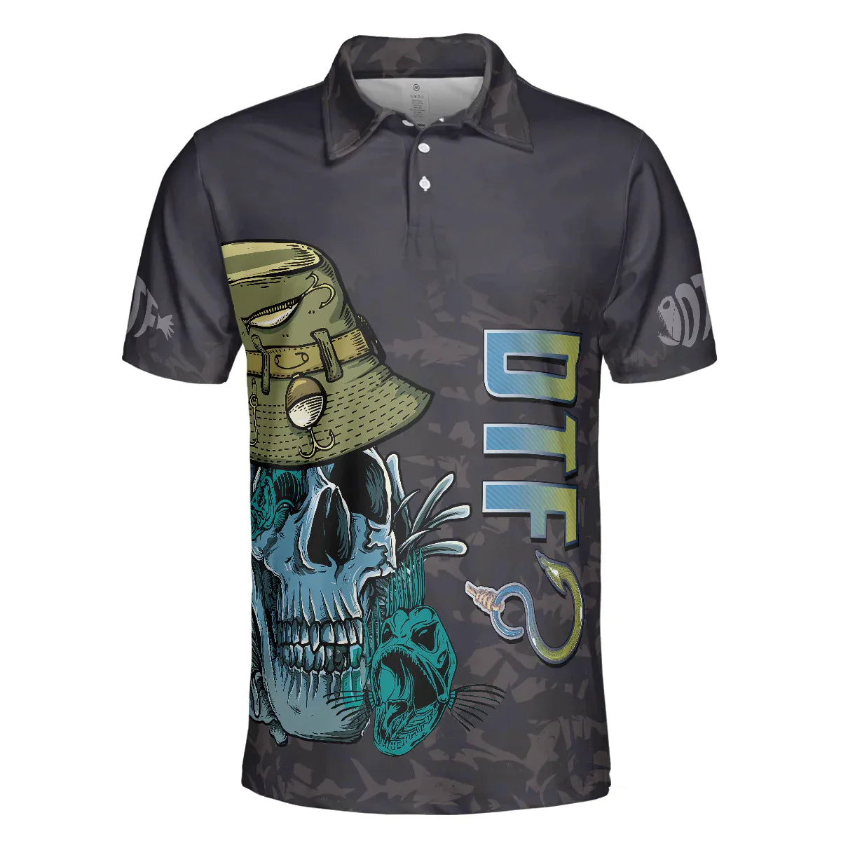 Men Fishing Polo Shirt - Black Skull Fishing Men Polo Shirt, I'm Always DTF Down To Fish Fishing Polo Shirt, Best Fishing Shirt For Men - Amzanimalsgift