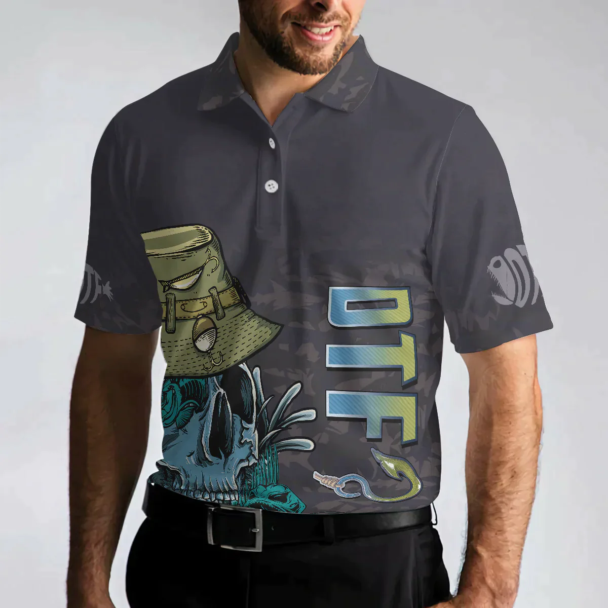 Men Fishing Polo Shirt - Black Skull Fishing Men Polo Shirt, I'm Always DTF Down To Fish Fishing Polo Shirt, Best Fishing Shirt For Men - Amzanimalsgift