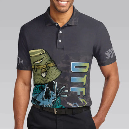 Men Fishing Polo Shirt - Black Skull Fishing Men Polo Shirt, I'm Always DTF Down To Fish Fishing Polo Shirt, Best Fishing Shirt For Men - Amzanimalsgift