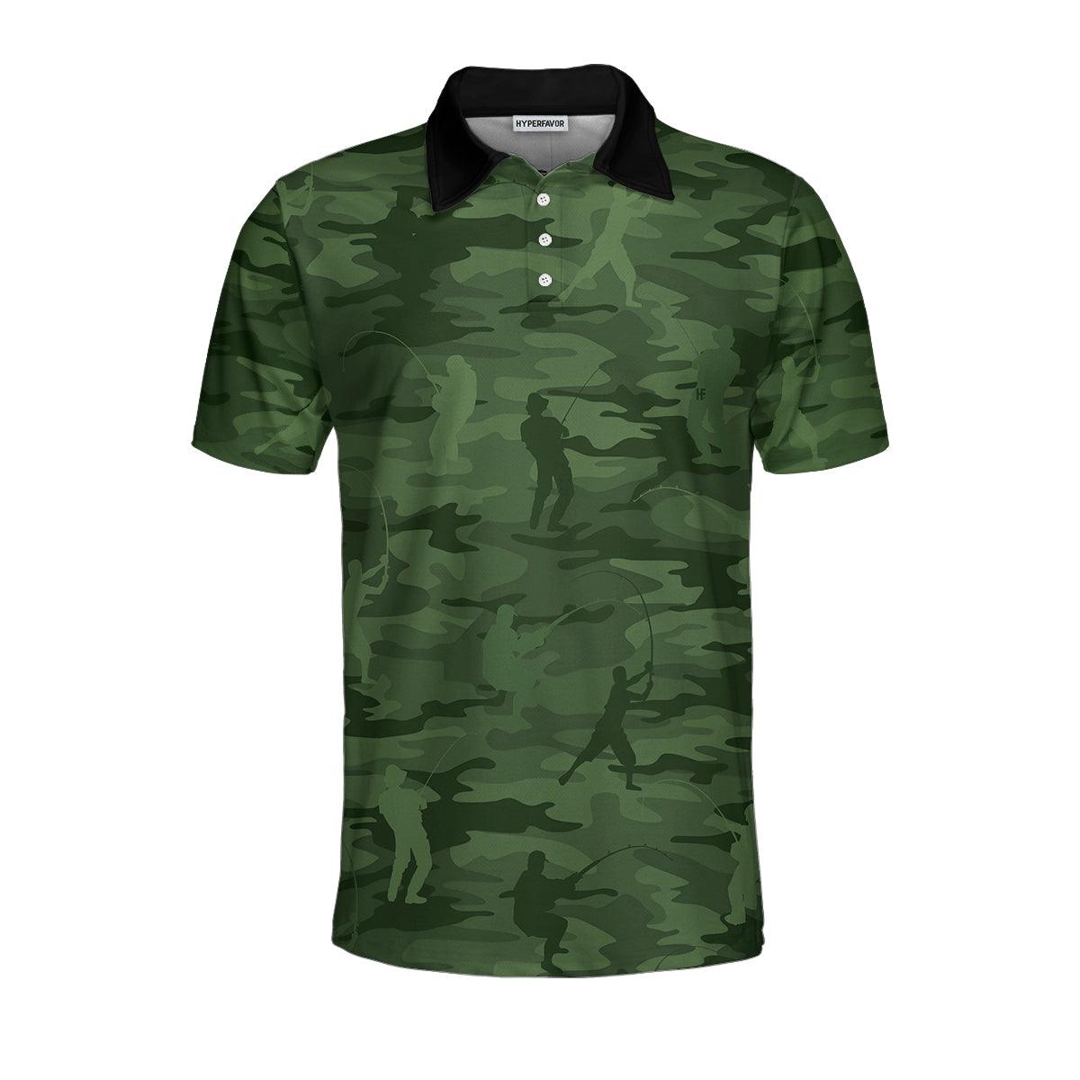 Men Fishing Polo Shirt - Green Camouflage Fisherman Silhouette Men Polo Shirt, Unique Golf Shirt For Men, Cool Gift For Men, Fisher - Amzanimalsgift
