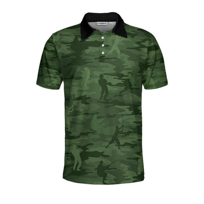 Men Fishing Polo Shirt - Green Camouflage Fisherman Silhouette Men Polo Shirt, Unique Golf Shirt For Men, Cool Gift For Men, Fisher - Amzanimalsgift