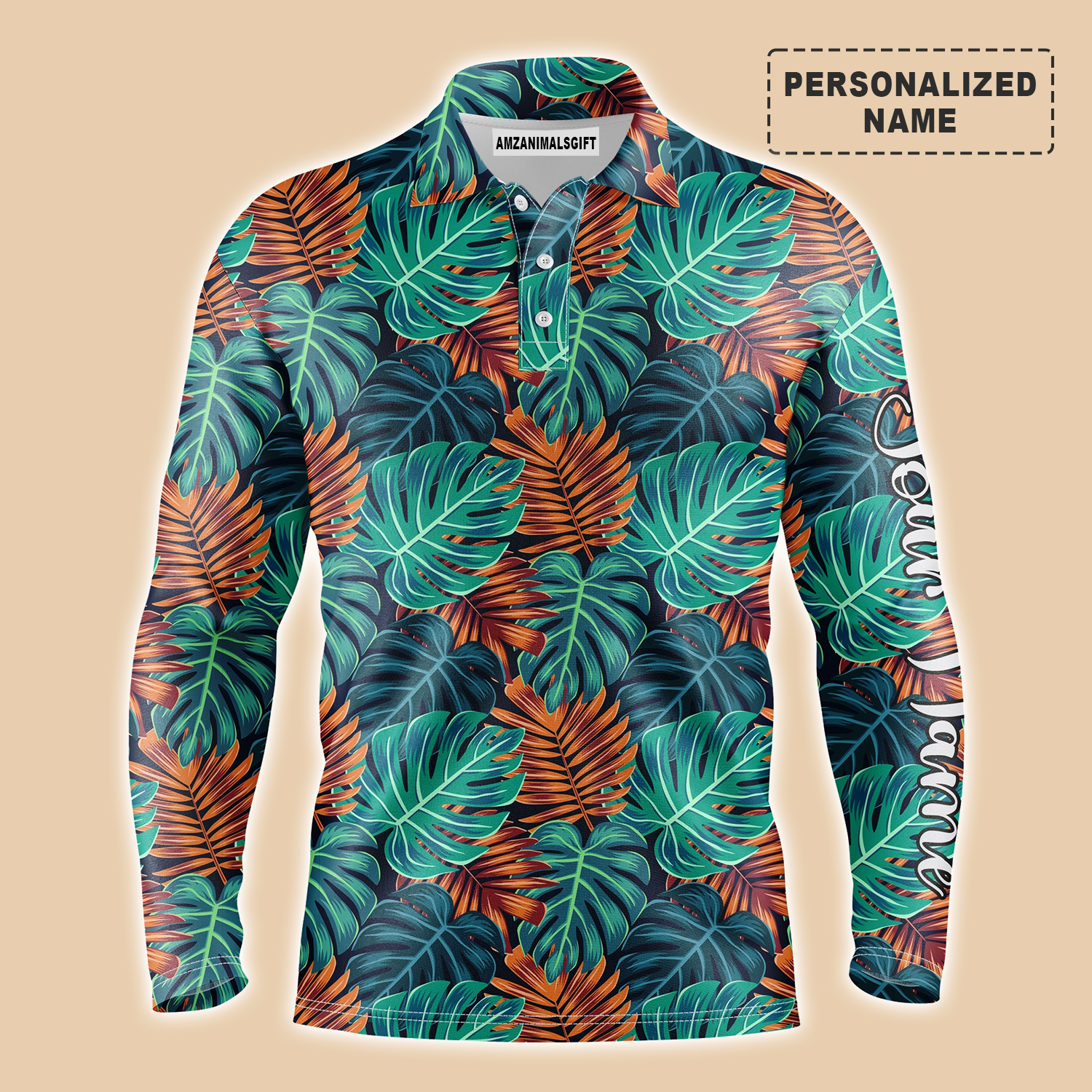 Monstera And Palm Leaves Nature Tropical Pattern Long Sleeve Polo Shirt Custom Name Apparel, Personalized Outfit For Men And Women