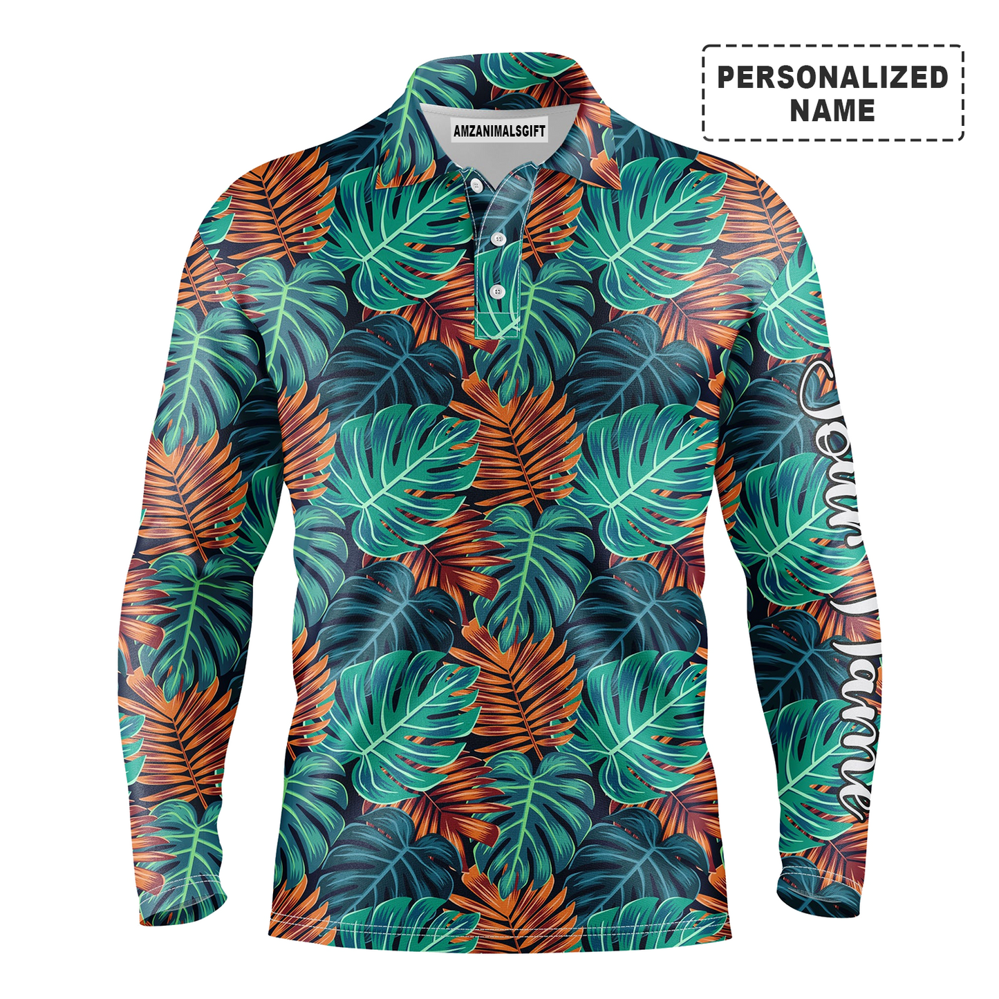 Monstera And Palm Leaves Nature Tropical Pattern Long Sleeve Polo Shirt Custom Name Apparel, Personalized Outfit For Men And Women