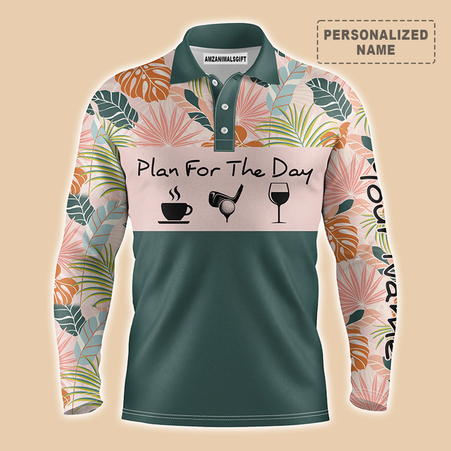 Plan Golf Coffee Wine Tropical Leaves Pattern Long Sleeve Polo Shirt Customized Name For Men, Personalized Golf Outfit For Golfers, Team