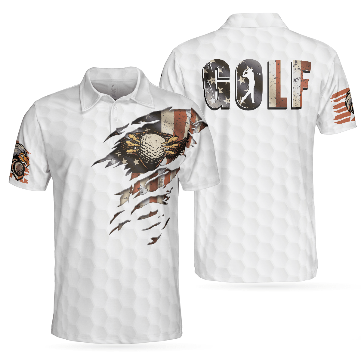 Men Golf Polo Shirt -American Flag Golfer Eagle Golf Ball Texture Men Polo Shirt, Ripped American Flag Polo Shirt - Perfect Polo Shirt For Men, Golfers - Amzanimalsgift