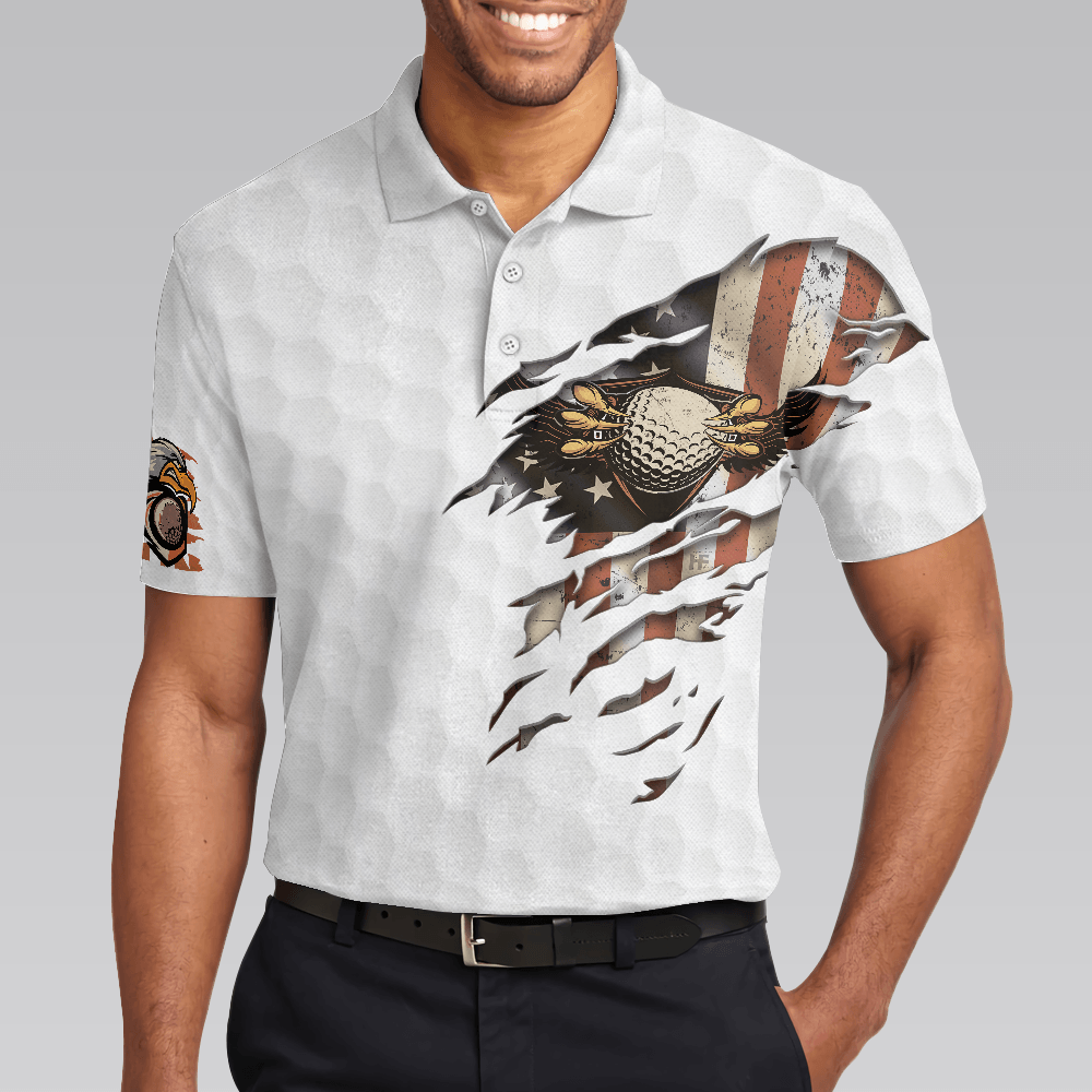 Men Golf Polo Shirt -American Flag Golfer Eagle Golf Ball Texture Men Polo Shirt, Ripped American Flag Polo Shirt - Perfect Polo Shirt For Men, Golfers - Amzanimalsgift