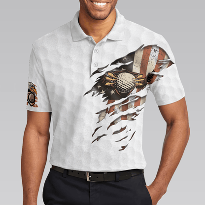 Men Golf Polo Shirt -American Flag Golfer Eagle Golf Ball Texture Men Polo Shirt, Ripped American Flag Polo Shirt - Perfect Polo Shirt For Men, Golfers - Amzanimalsgift