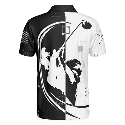 Men Golf Polo Shirt - American Golfer Hard Swing US Flag Polo Shirt, Black And White American Flag Polo Shirt - Perfect Polo Shirt For Men, Golfers - Amzanimalsgift