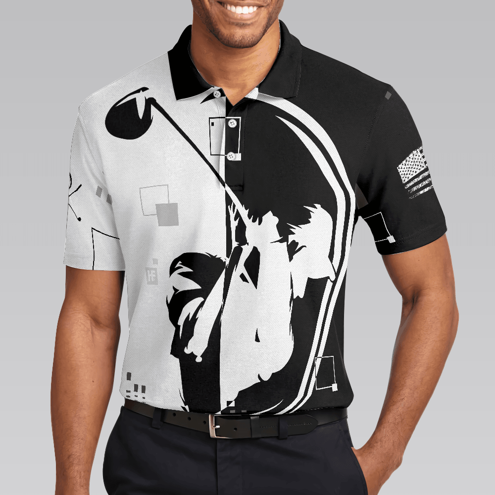 Men Golf Polo Shirt - American Golfer Hard Swing US Flag Polo Shirt, Black And White American Flag Polo Shirt - Perfect Polo Shirt For Men, Golfers - Amzanimalsgift