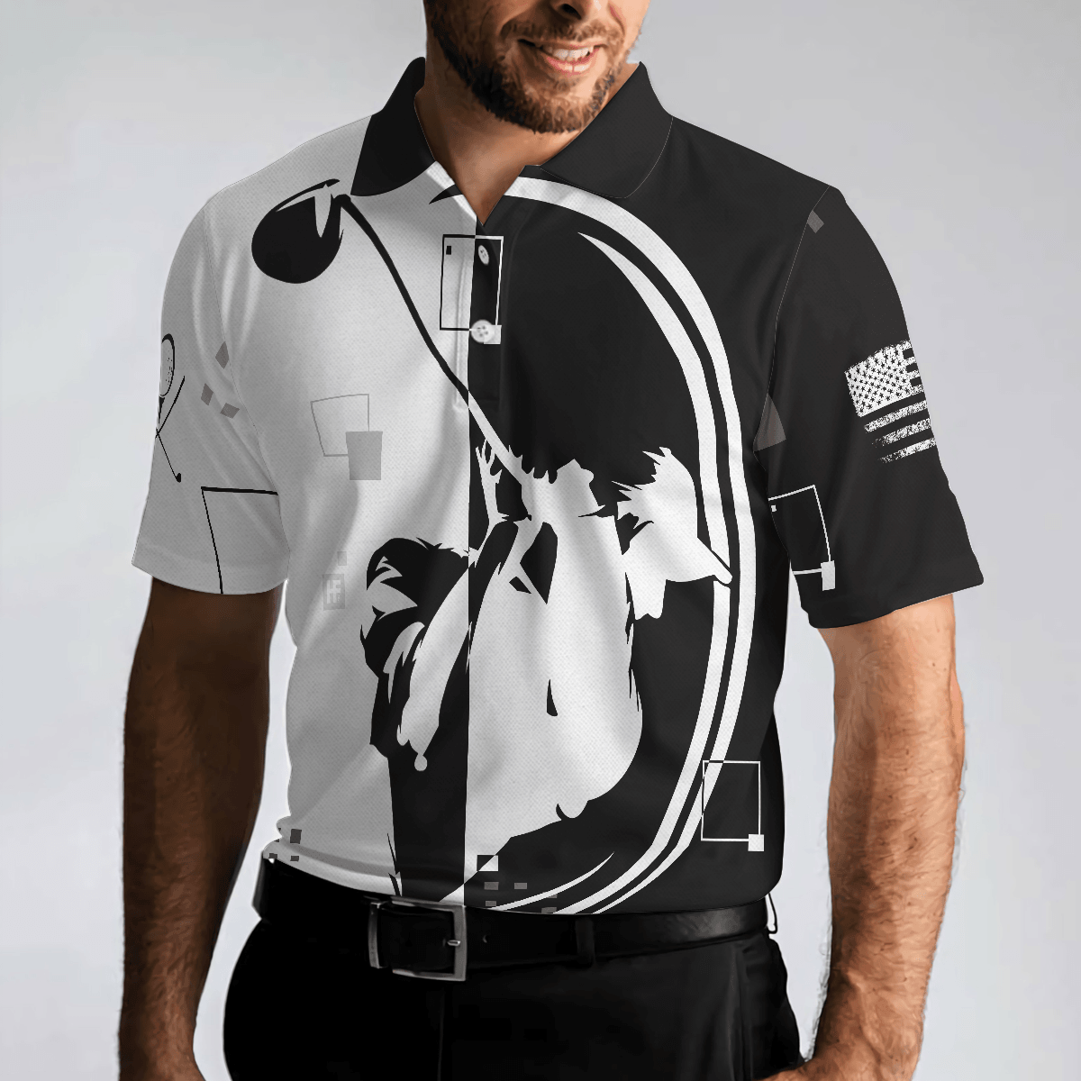 Men Golf Polo Shirt - American Golfer Hard Swing US Flag Polo Shirt, Black And White American Flag Polo Shirt - Perfect Polo Shirt For Men, Golfers - Amzanimalsgift