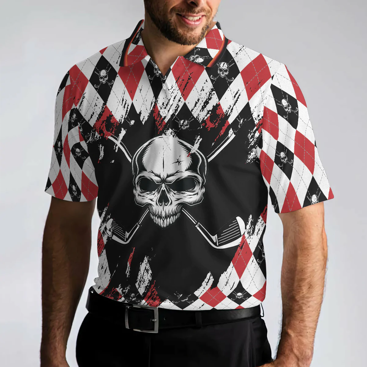 Men Golf Polo Shirt - Argyle Pattern Skull Golf Men Polo Shirt, Just Gonna Stand There And Watch Me Golf Shirt - Perfect Polo Shirt For Men, Golfers - Amzanimalsgift