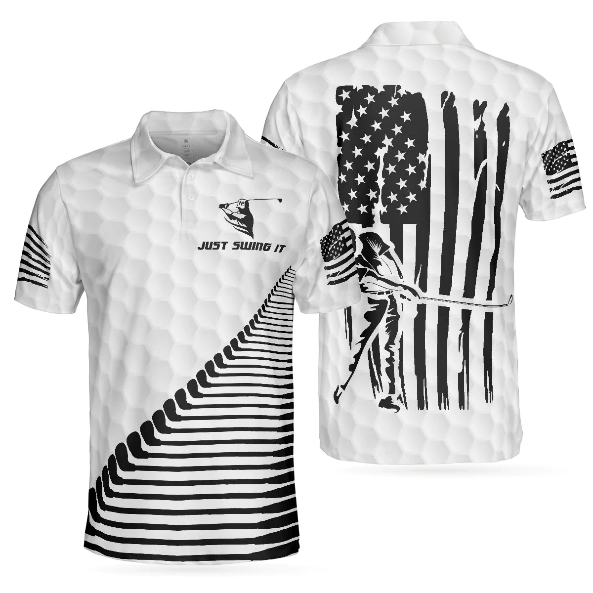 Men Golf Polo Shirt - Black And White American Flag, Just Swing It American Men Golf Polo Shirt - Perfect Polo Shirt For Men, Golfers - Amzanimalsgift