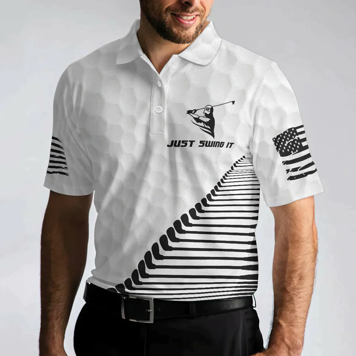 Men Golf Polo Shirt - Black And White American Flag, Just Swing It American Men Golf Polo Shirt - Perfect Polo Shirt For Men, Golfers - Amzanimalsgift