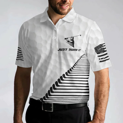 Men Golf Polo Shirt - Black And White American Flag, Just Swing It American Men Golf Polo Shirt - Perfect Polo Shirt For Men, Golfers - Amzanimalsgift