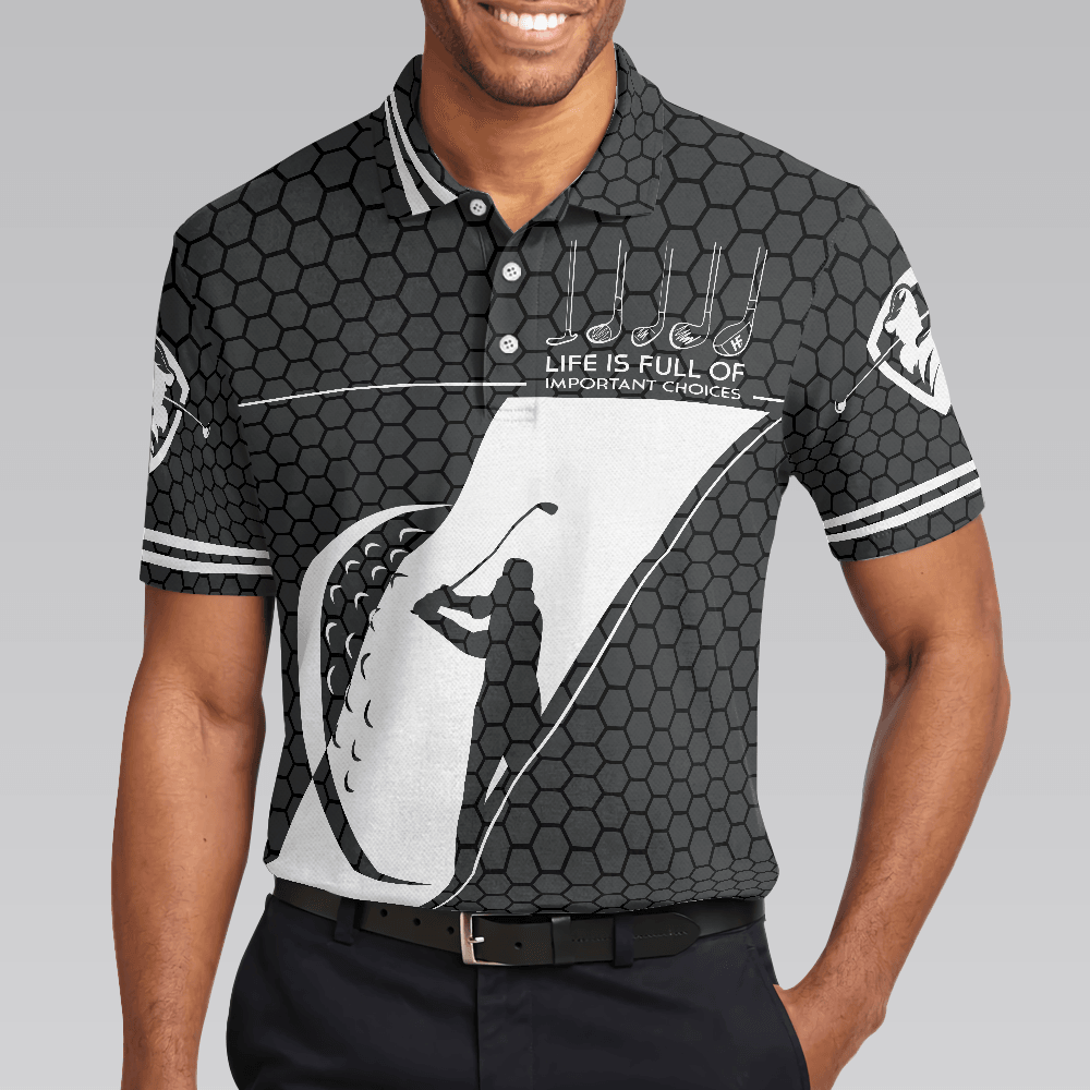 Men Golf Polo Shirt - Black Golfing Pattern Men Polo Shirt, Life Is Full Of Important Choices Golf Polo Shirt, Best Golf Shirt For Men, Golfers - Amzanimalsgift