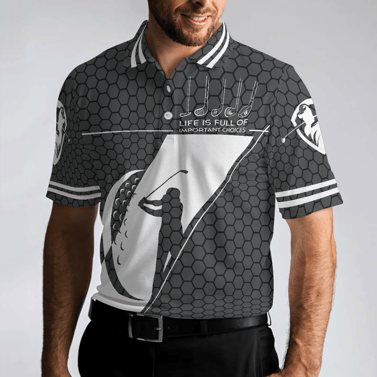 Men Golf Polo Shirt - Black Golfing Pattern Men Polo Shirt, Life Is Full Of Important Choices Golf Polo Shirt, Best Golf Shirt For Men, Golfers - Amzanimalsgift