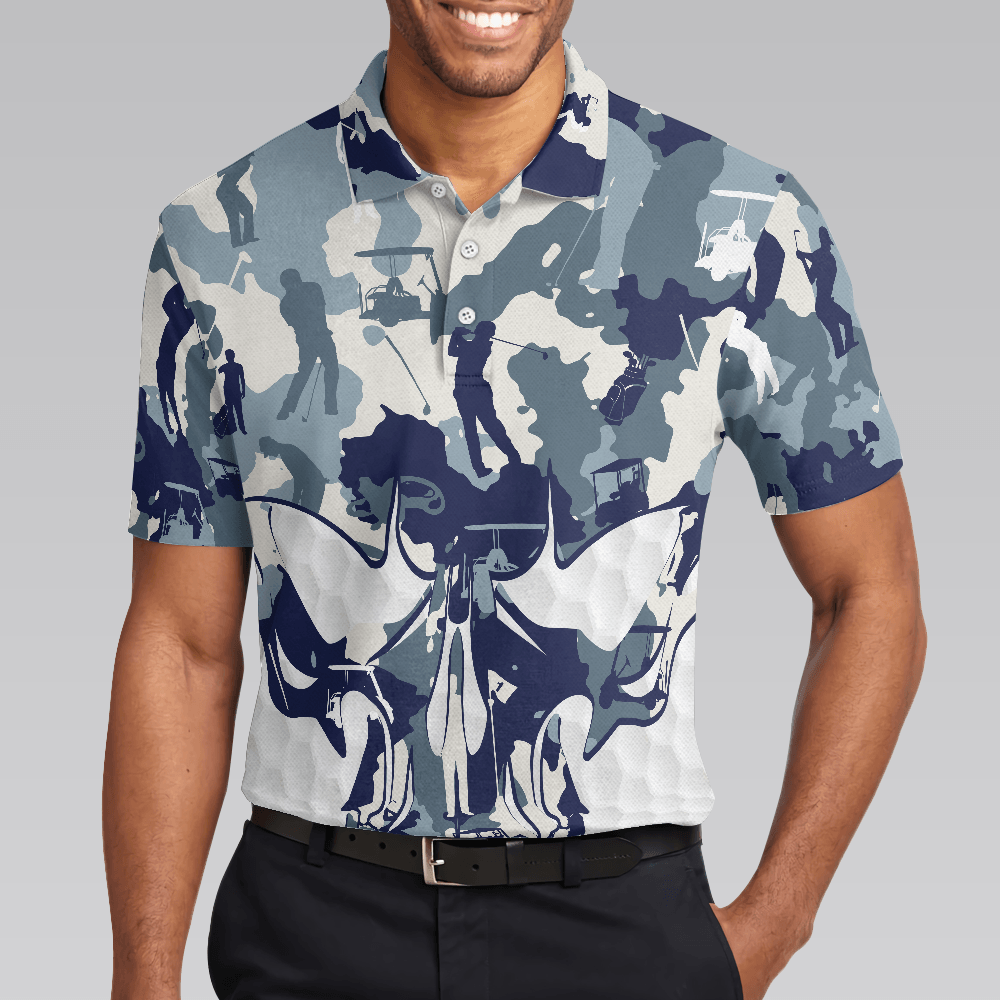 Men Golf Polo Shirt - Blue And White Camouflage Golf Set Skull Golf Polo Shirt, Best Camo Golf Shirt For Men, Golfers - Amzanimalsgift