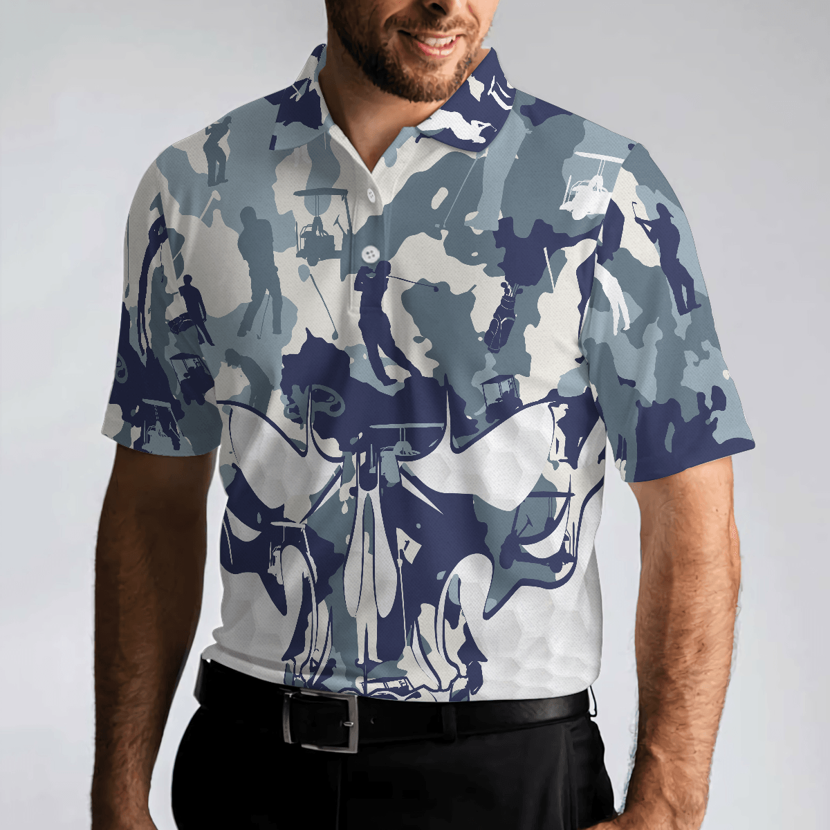Men Golf Polo Shirt - Blue And White Camouflage Golf Set Skull Golf Polo Shirt, Best Camo Golf Shirt For Men, Golfers - Amzanimalsgift