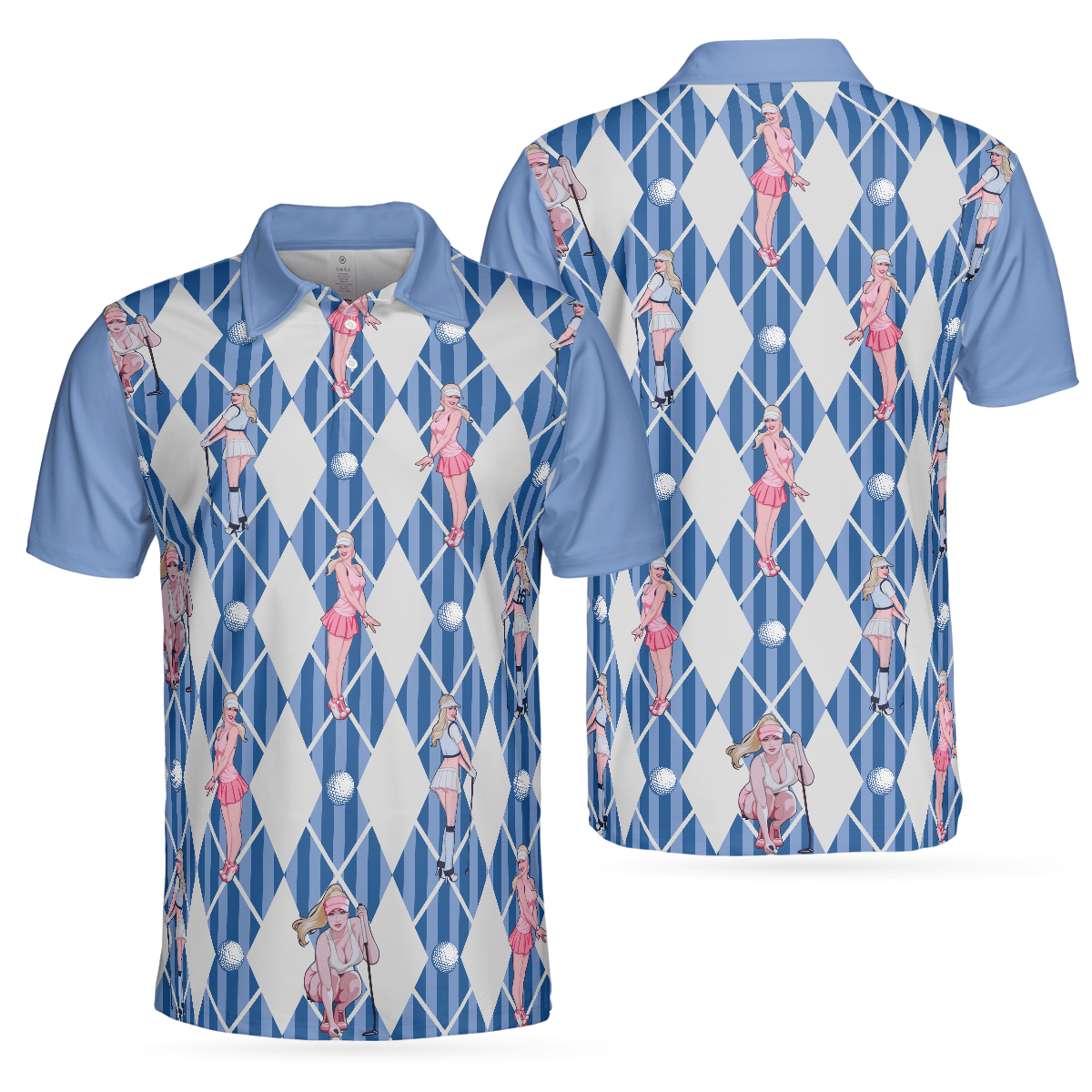 Men Golf Polo Shirt - Blue Hot Golf Short Sleeve Polo Shirt, Argyle Pattern Fun Golf Shirt For Men - Perfect Gift For Men, Golfers - Amzanimalsgift