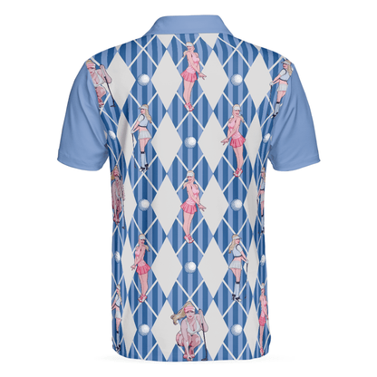 Men Golf Polo Shirt - Blue Hot Golf Short Sleeve Polo Shirt, Argyle Pattern Fun Golf Shirt For Men - Perfect Gift For Men, Golfers - Amzanimalsgift