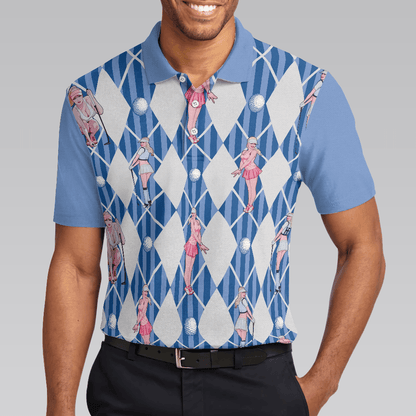 Men Golf Polo Shirt - Blue Hot Golf Short Sleeve Polo Shirt, Argyle Pattern Fun Golf Shirt For Men - Perfect Gift For Men, Golfers - Amzanimalsgift