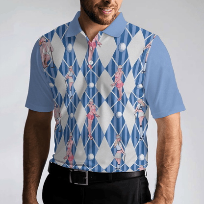 Men Golf Polo Shirt - Blue Hot Golf Short Sleeve Polo Shirt, Argyle Pattern Fun Golf Shirt For Men - Perfect Gift For Men, Golfers - Amzanimalsgift