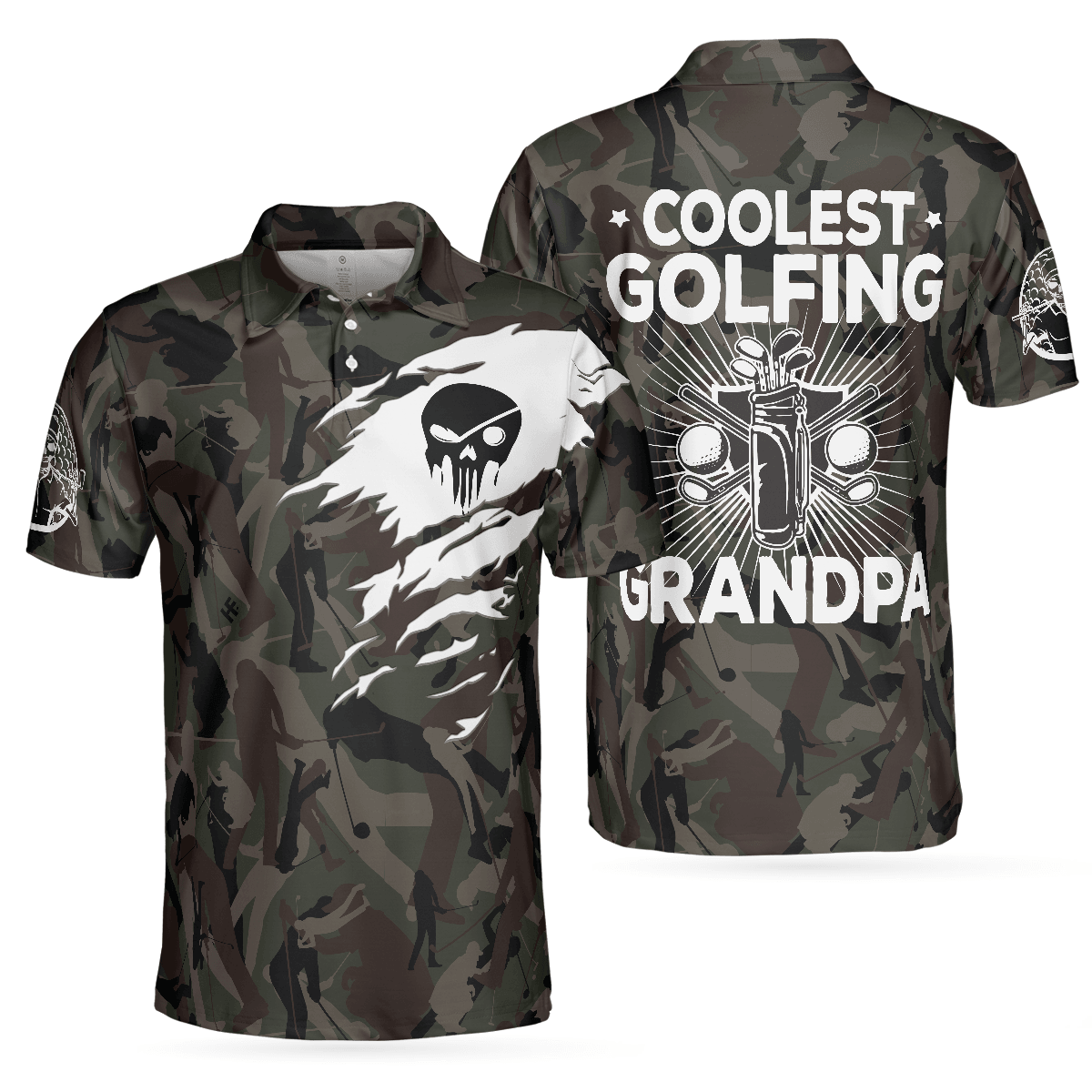 Men Golf Polo Shirt - Coolest Golfing Grandpa Golf Polo Shirt, Skull Polo Shirt, Camouflage Pattern Polo Shirt - Perfect Gift For Men, Golfers - Amzanimalsgift