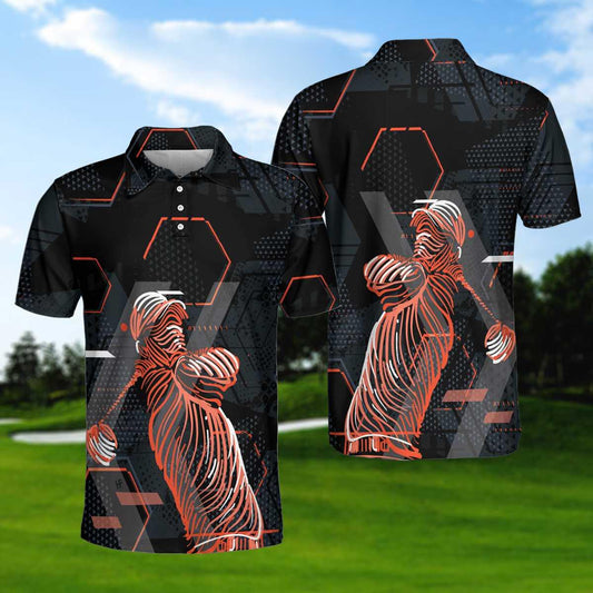 Men Golf Polo Shirt - Digital Orange Golfer Golf Polo Shirt, Orange And Black Golf Shirt For Men, Polo Shirt Gift For Men - Amzanimalsgift
