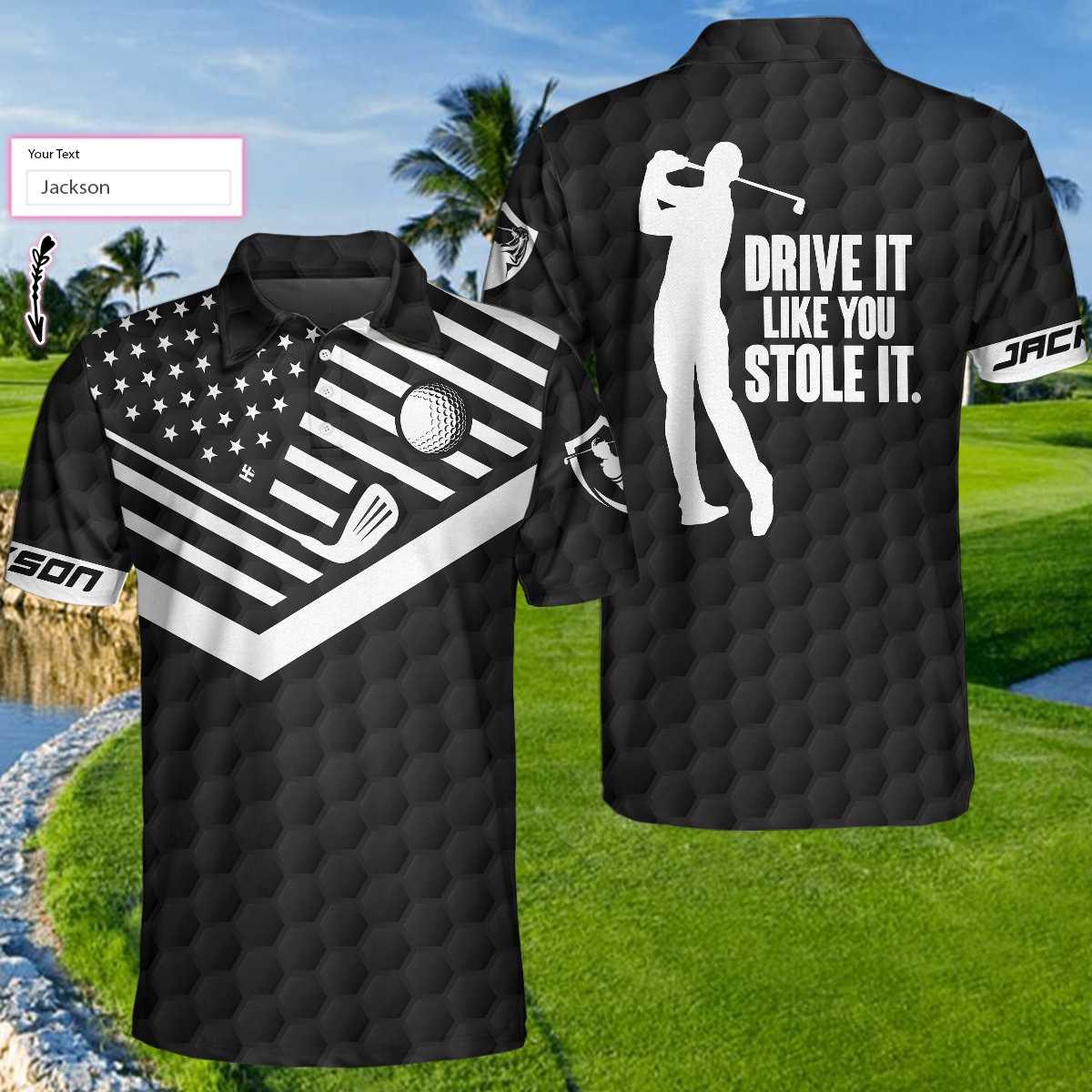 Men Golf Polo Shirt - Drive It Like You Stole It Golf Custom Polo Shirt, Black American Flag Personalized Golf Shirt For Men, Best Gift For Men - Amzanimalsgift