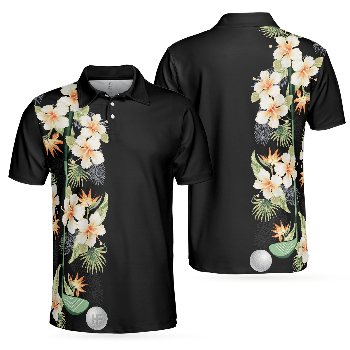 Men Golf Polo Shirt - Floral Golf Club And Ball Men Polo Shirt, Wild Floral And Leaves Golfing Polo Shirt - Perfect Polo Shirt For Men, Golfers - Amzanimalsgift