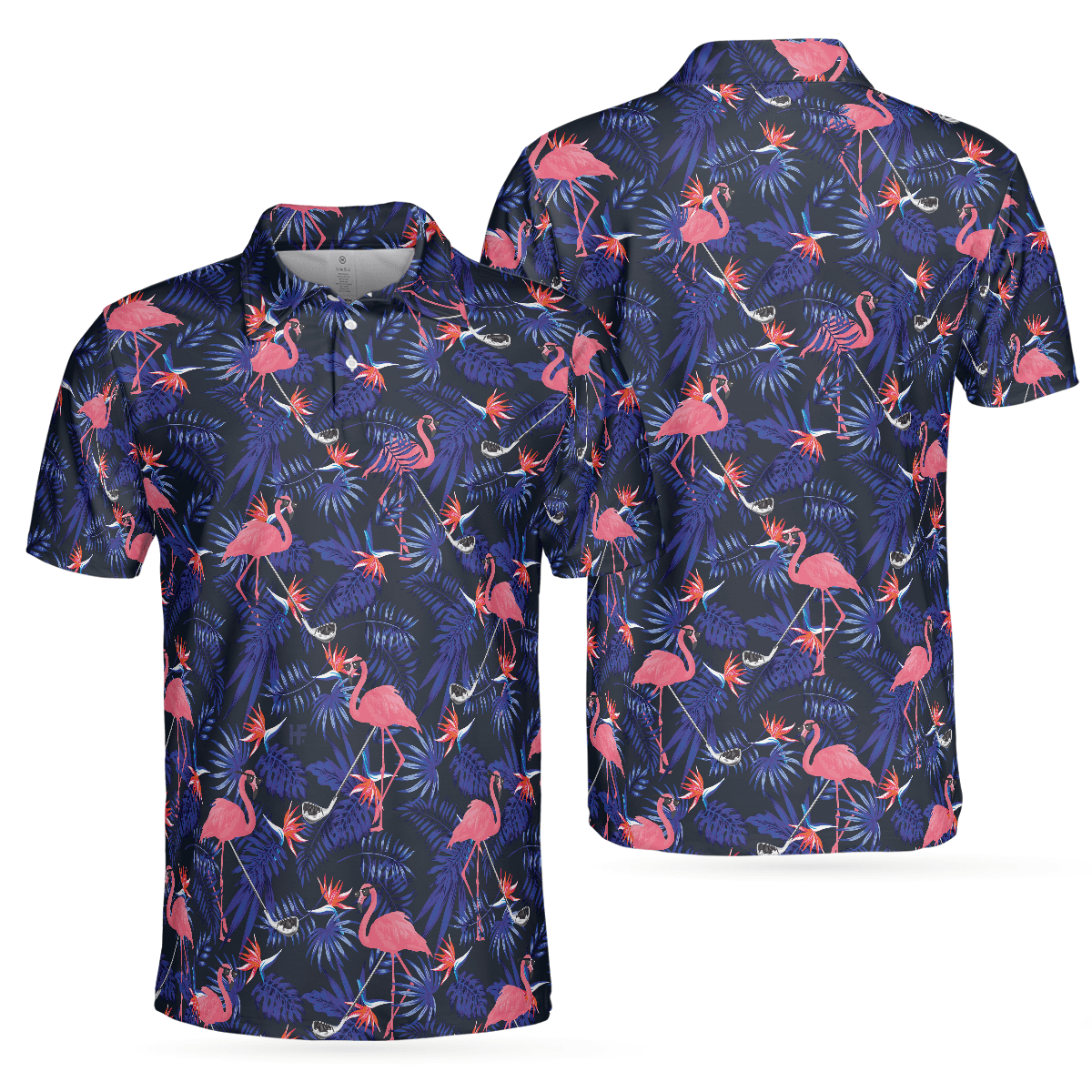 Men Golf Polo Shirt - Flower And Flamingo Golf Polo Shirt, Blue Flamingo Pattern Men Polo Shirt - Perfect Polo Shirt For Men, Golfers - Amzanimalsgift