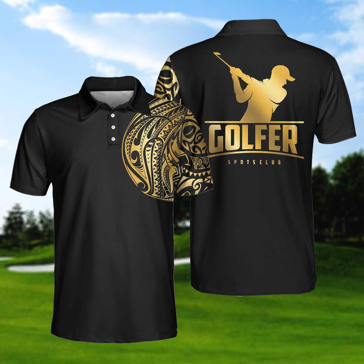 Men Golf Polo Shirt - Golden Tattoo, Black And Gold Modern Greek Key Pattern Men Polo Shirt - Perfect Polo Shirt For Men, Golfers - Amzanimalsgift