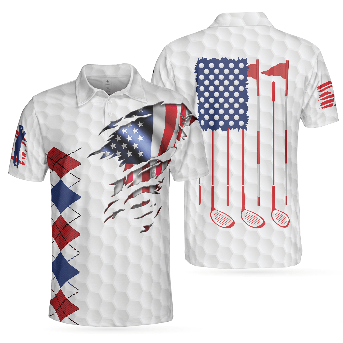 Men Golf Polo Shirt - Golf American Flag Argyle, White Golf Texture American Flag Men Polo Shirt - Perfect Polo Shirt For Men, Golfers - Amzanimalsgift