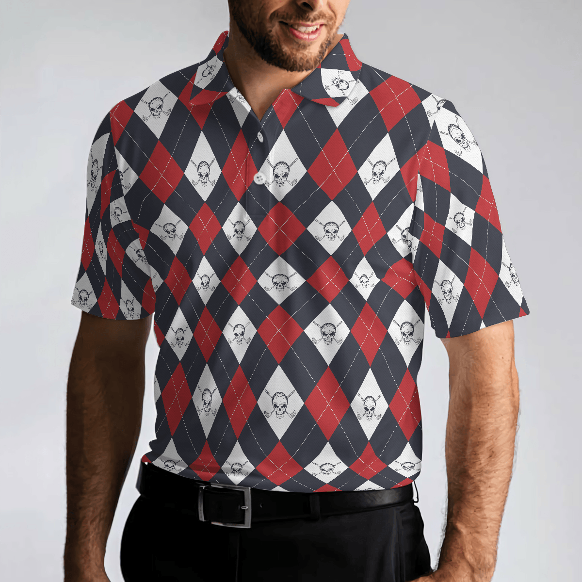 Men Golf Polo Shirt - Golf Argyle Skull Men Polo Shirt, Skull Golf Shirt For Men, Best Gift For Golfers, Best Gift For Men Golfers - Amzanimalsgift