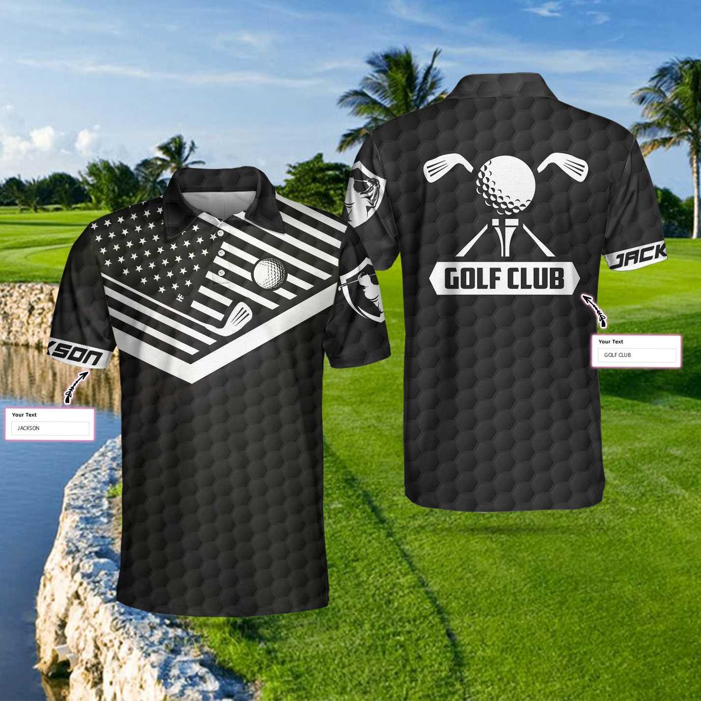 Men Golf Polo Shirt - Golf Ball And Golf Club Custom, Personalized Black American Flag Men Polo Shirt - Perfect Polo Shirt For Men, Golfers - Amzanimalsgift