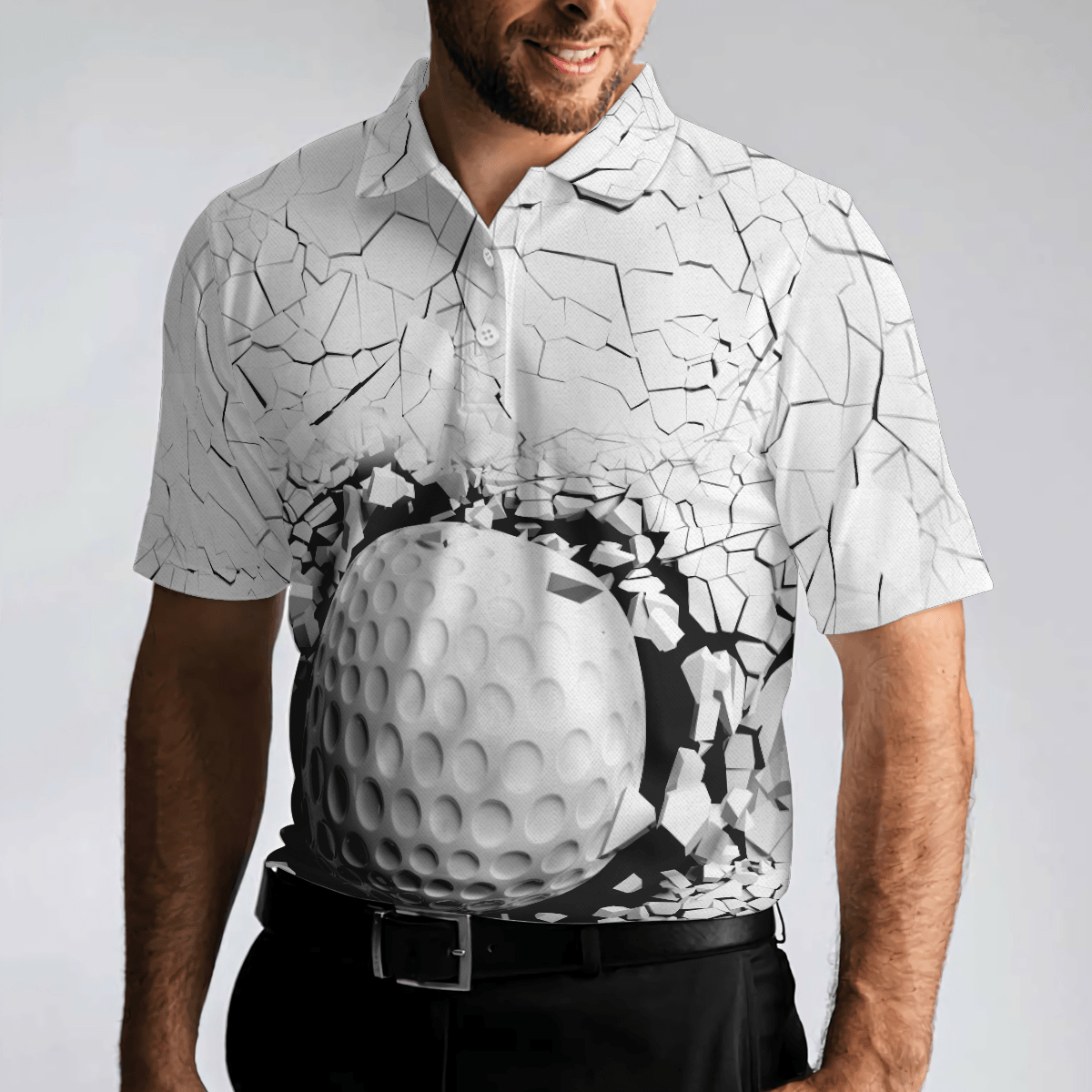 Men Golf Polo Shirt - Golf Ball Breaking Men Polo Shirt, Black And White Cracking Pattern Polo Shirt, Best Golf Shirt For Men, Golfers - Amzanimalsgift