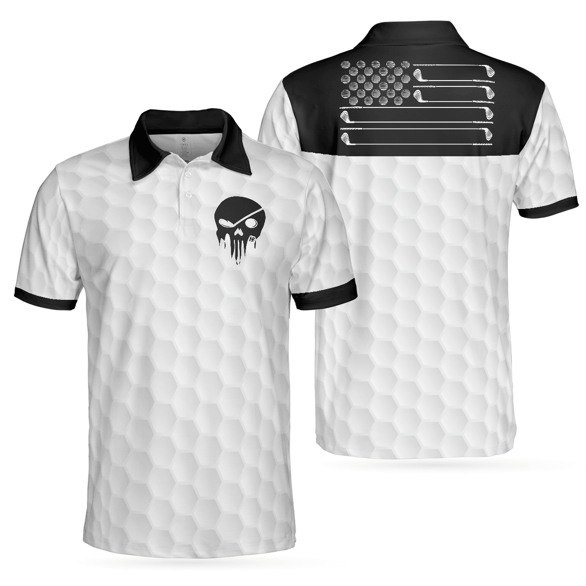 Men Golf Polo Shirt - Golf Ball Pattern Skull, Black And White American Flag Men Polo Shirt - Perfect Polo Shirt For Men, Golfers - Amzanimalsgift