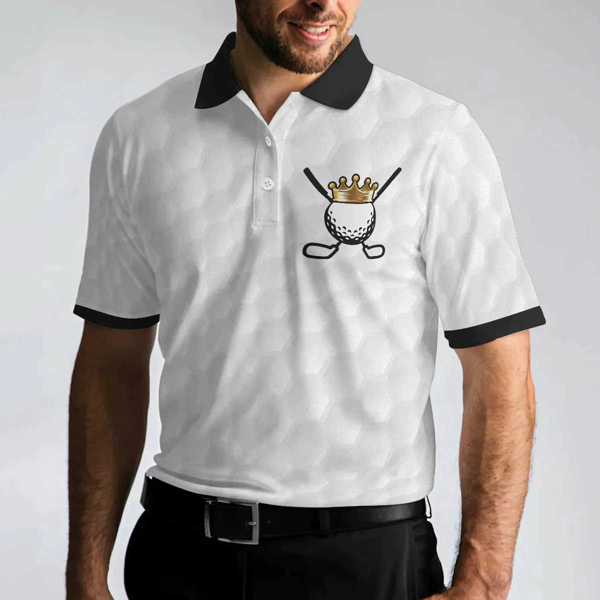 Men Golf Polo Shirt - Golf Ball Texture Golfer On Throne, King Of Golf Black And White Men Polo Shirt - Perfect Polo Shirt For Men, Golfers - Amzanimalsgift