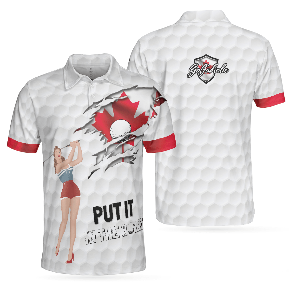 Men Golf Polo Shirt - Golf Canada Flag Pin Up Girl Polo Shirt, Put It In The Hole Polo Shirt, Canadian Flag Polo Shirt - Perfect Gift For Men, Golfers - Amzanimalsgift