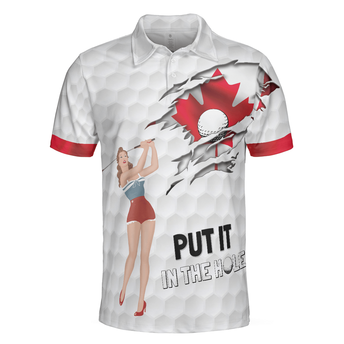 Men Golf Polo Shirt - Golf Canada Flag Pin Up Girl Polo Shirt, Put It In The Hole Polo Shirt, Canadian Flag Polo Shirt - Perfect Gift For Men, Golfers - Amzanimalsgift