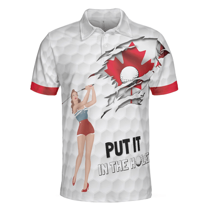 Men Golf Polo Shirt - Golf Canada Flag Pin Up Girl Polo Shirt, Put It In The Hole Polo Shirt, Canadian Flag Polo Shirt - Perfect Gift For Men, Golfers - Amzanimalsgift