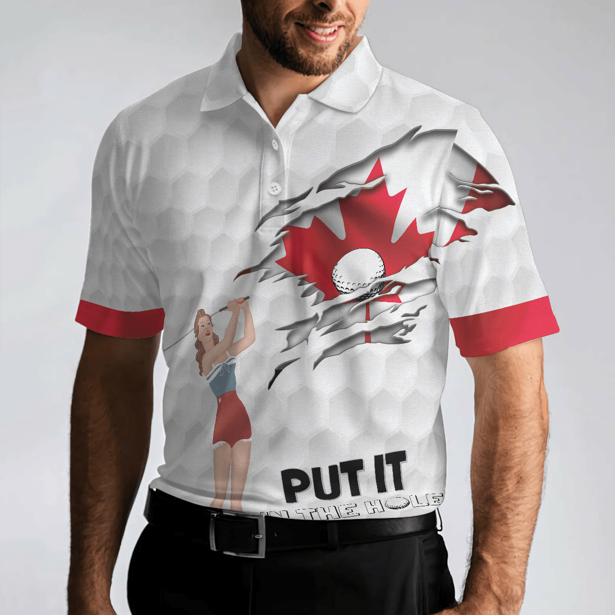 Men Golf Polo Shirt - Golf Canada Flag Pin Up Girl Polo Shirt, Put It In The Hole Polo Shirt, Canadian Flag Polo Shirt - Perfect Gift For Men, Golfers - Amzanimalsgift